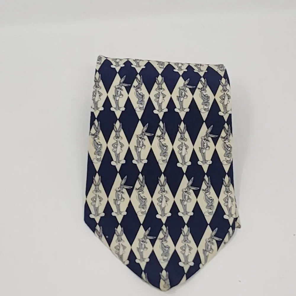 Vintage Warner Bros Studio Store Tie Mens Navy Bugs Bunny Silk Looney Tunes 90s